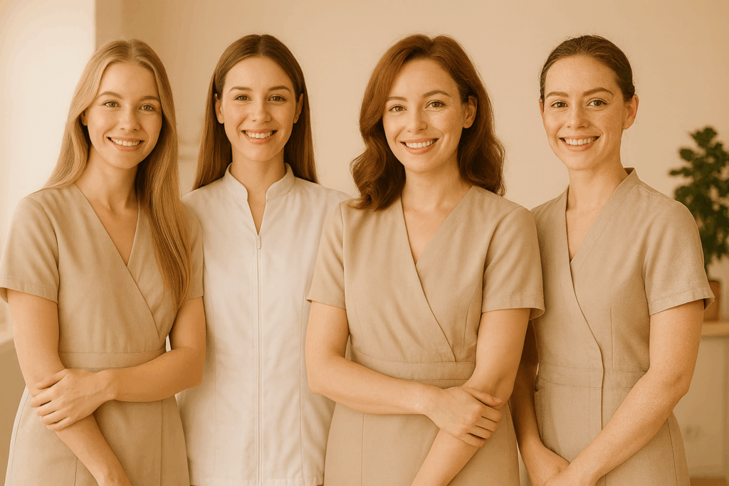 quattro ragazze con divisa del centro estetico una accanto all'altra che sorridono