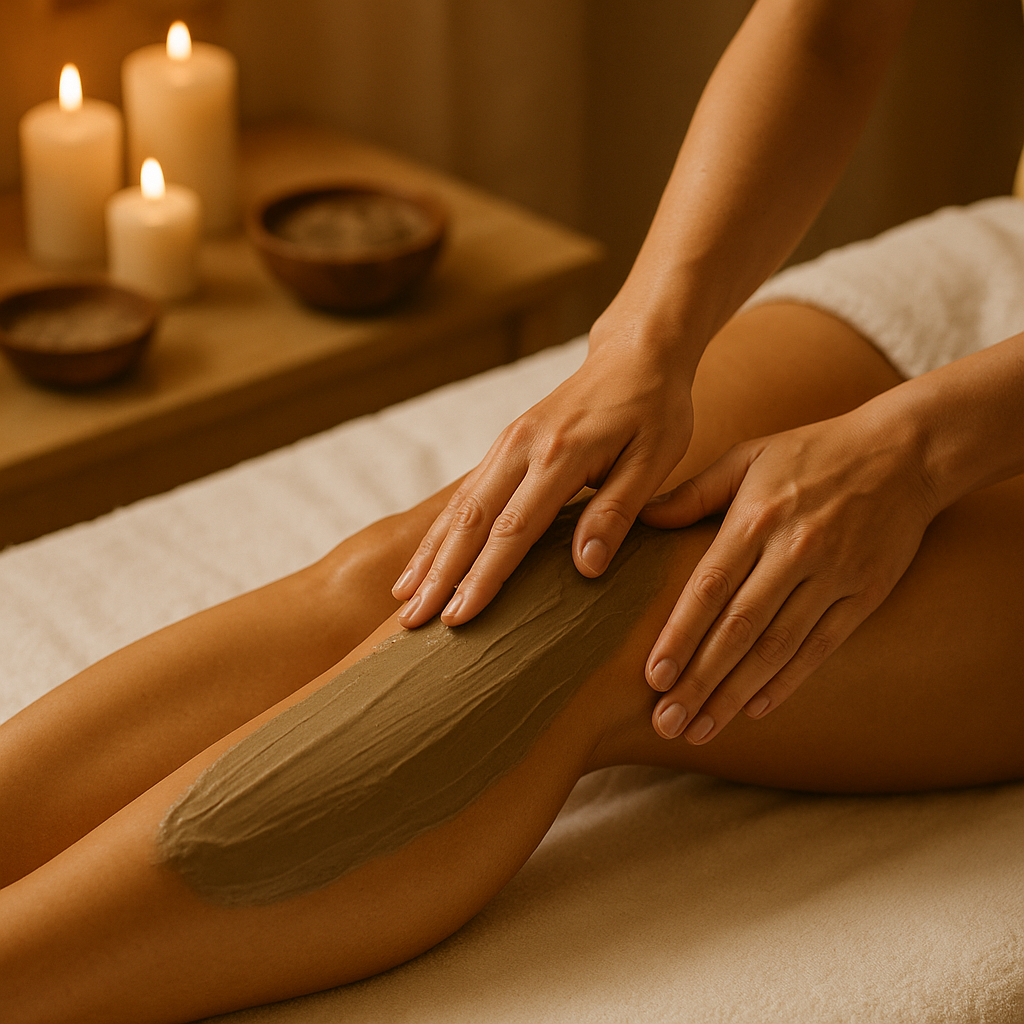trattamento-corpo-con-applicazione-di-fango-naturale-sulle-gambe