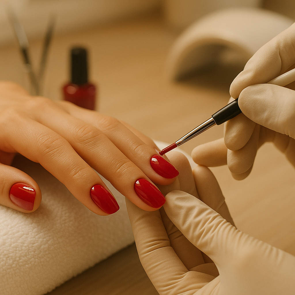 applicazione-smalto-rosso-semipermanente-durante-manicure-professionale