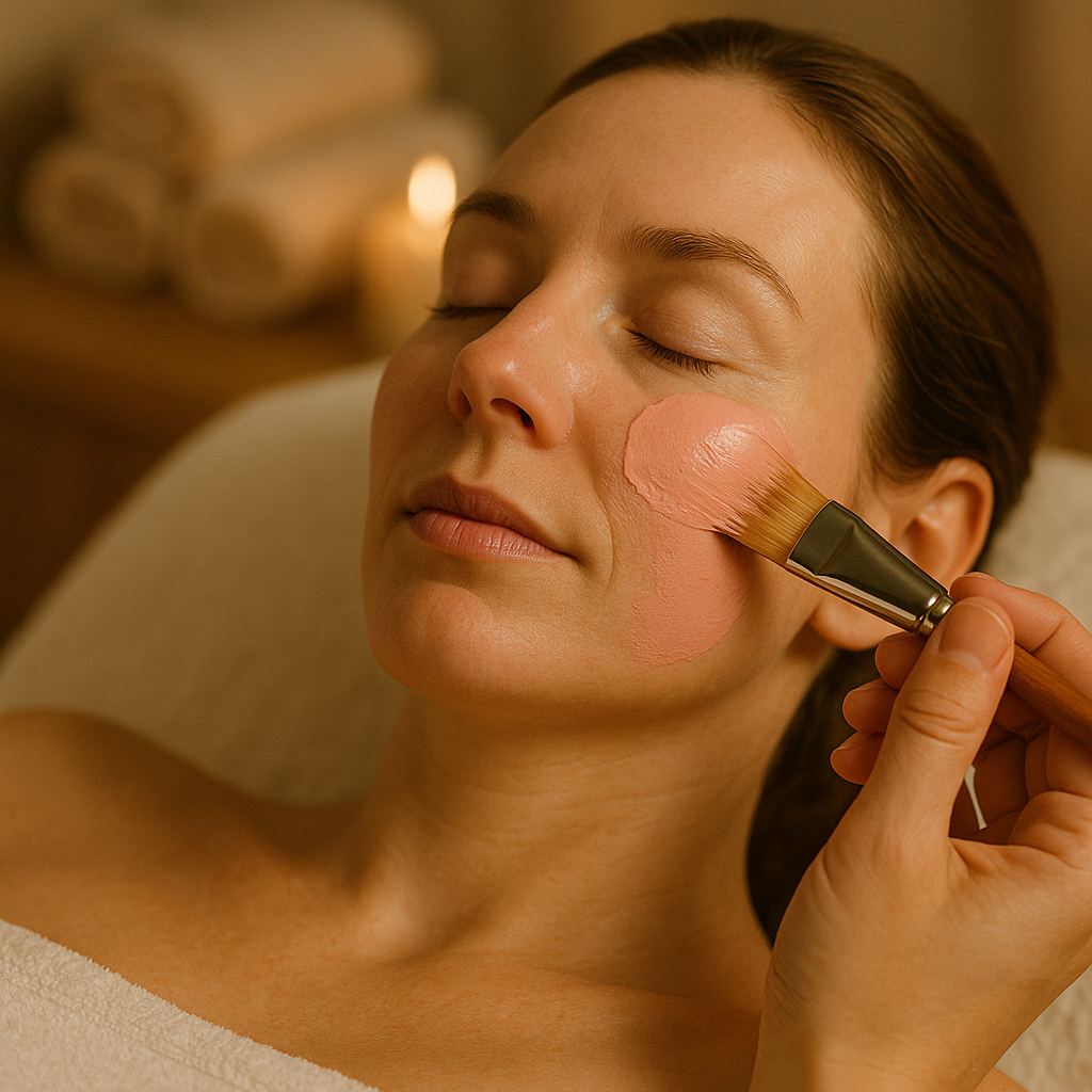 applicazione-di-maschera-viso-con-pennello-durante trattamento-viso-estetico