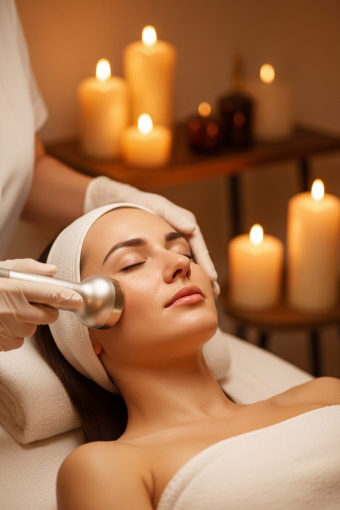 Trattamenti anti-age Verona con radiofrequenza: una donna riceve un trattamento viso estetico in un ambiente spa illuminato da candele, con operatore che indossa guanti.