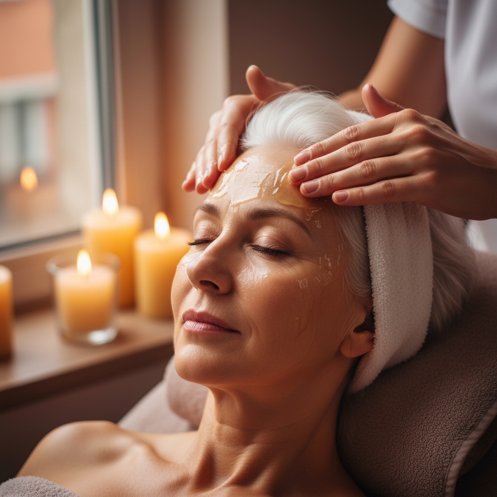 trattamenti anti-age con massaggio delviso e maschera idratante su donna con capelli bianchi durante un momento di relax in un centro estetico