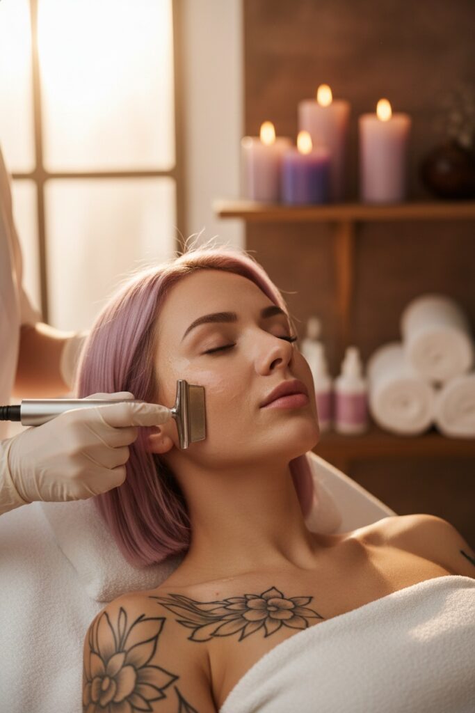 Ragazza co capelli rosa ed un tatuaggio riceve un trattamento viso con ultrasuoni in un centro estetico a Verona
