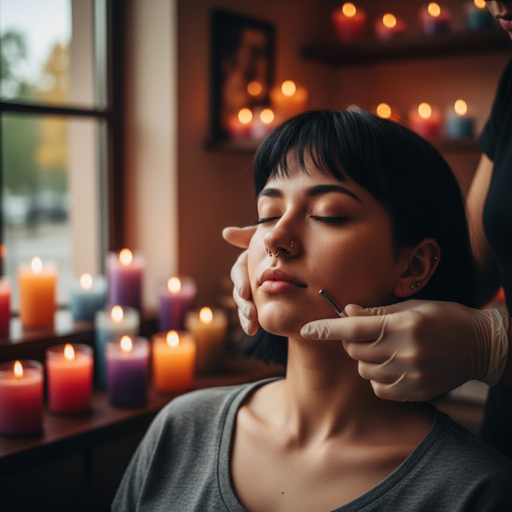 Ragazza che riceve una pulizia viso a Verona in ambiente rilassante con candele colorate e operatori professionali