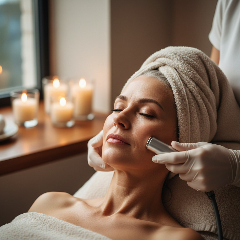 Donna rilassata durante trattamenti anti-age Verona con tecnologia estetica non invasiva in un ambiente caldo con candele