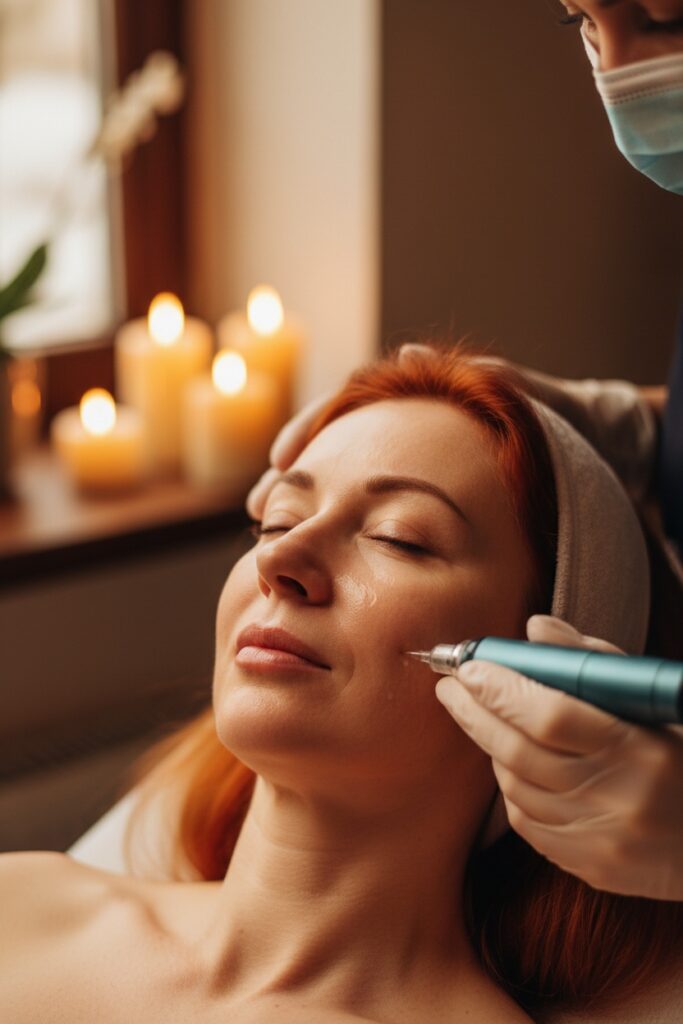 donna dai capelli rossi riceve un trattamento di microneedling professionale in un ambiente rilassante con candele