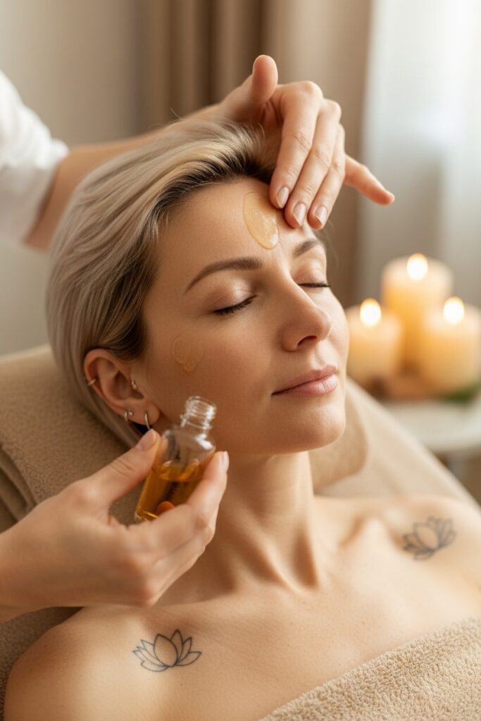 Trattamenti viso a Verona durante un massaggio rilassante con applicazione di olio sul viso in un centro estetico