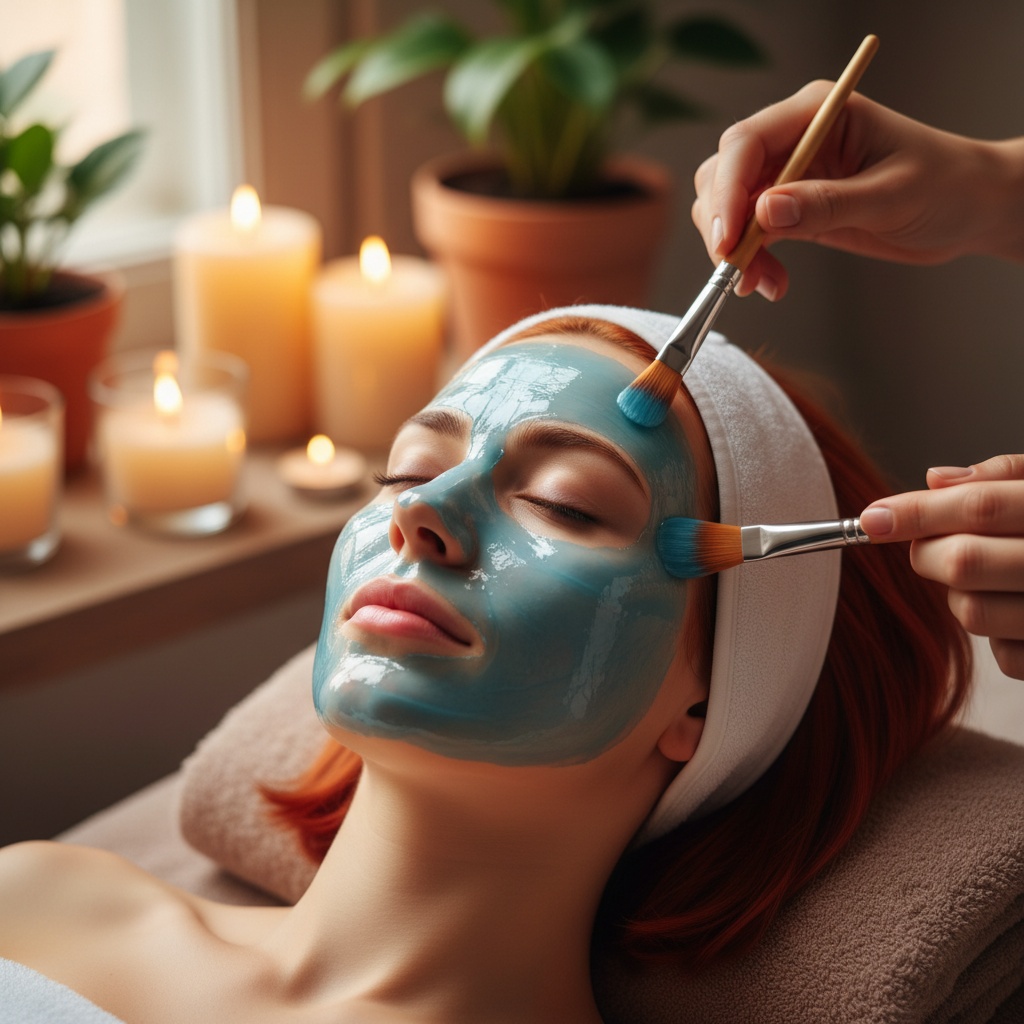 ragazza dai capelli rossi riceve una maschera viso all'acido ialuronico in un centro estetico a verona