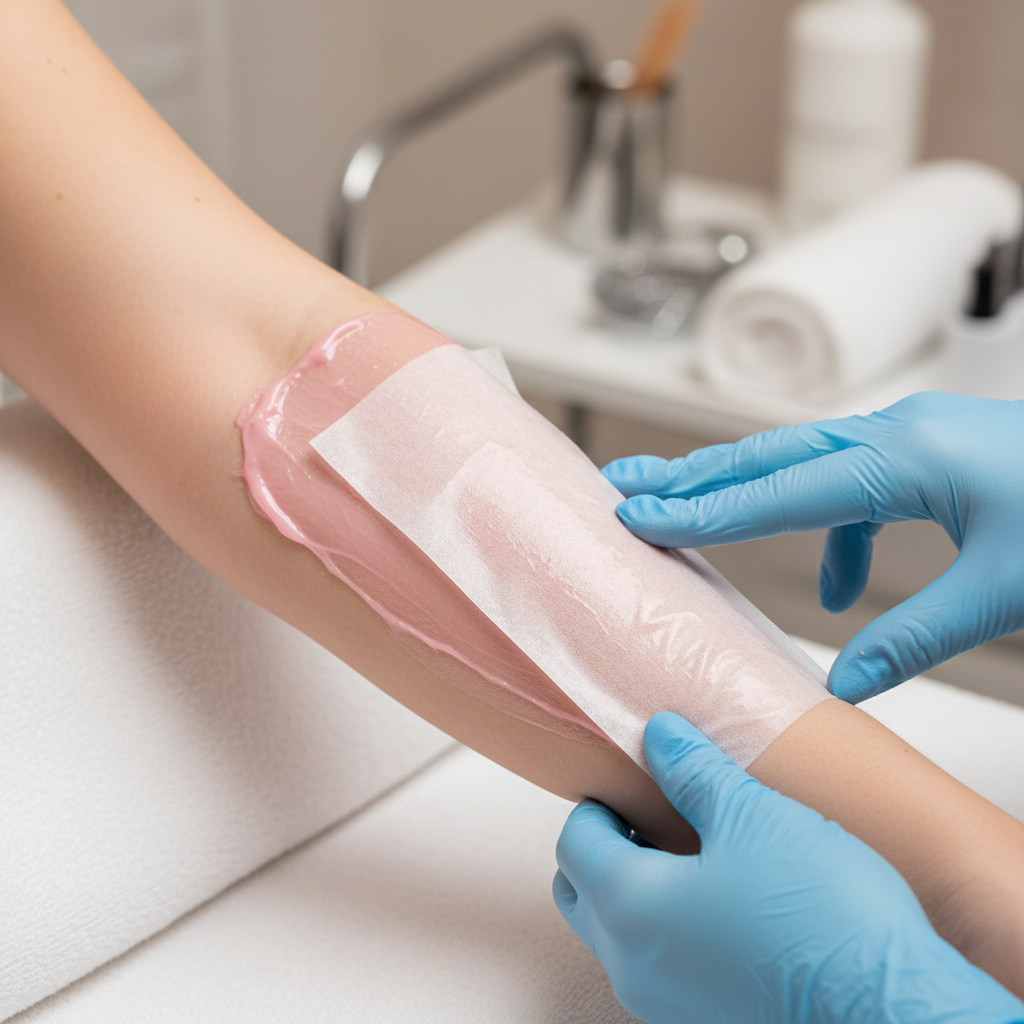 estetista-che-esegue-cerertta-con-strisce-depilatorie-sulle-braccia-in-centro-estetico-a-verona